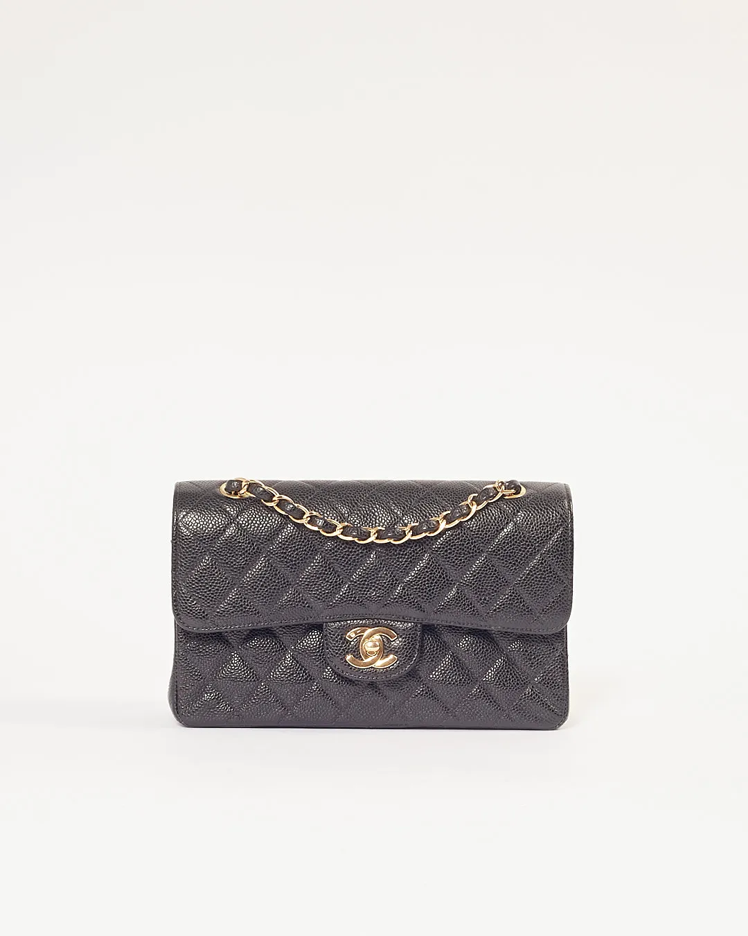Chanel Black Caviar Quilted 24K Gold Plated Small Classic Double Flap Bag
