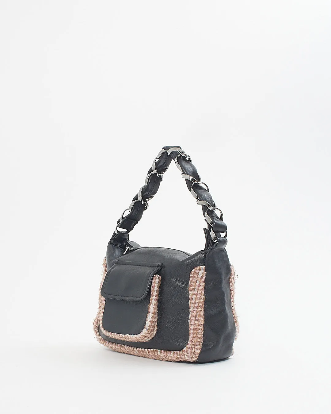 Chanel Black Leather Tweed Trim Wide Chain Shoulder Bag