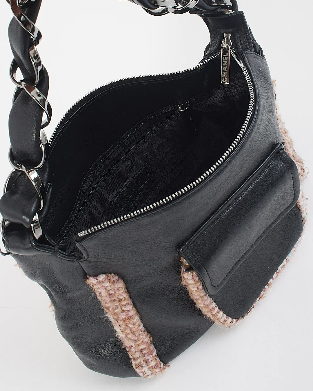Chanel Black Leather Tweed Trim Wide Chain Shoulder Bag