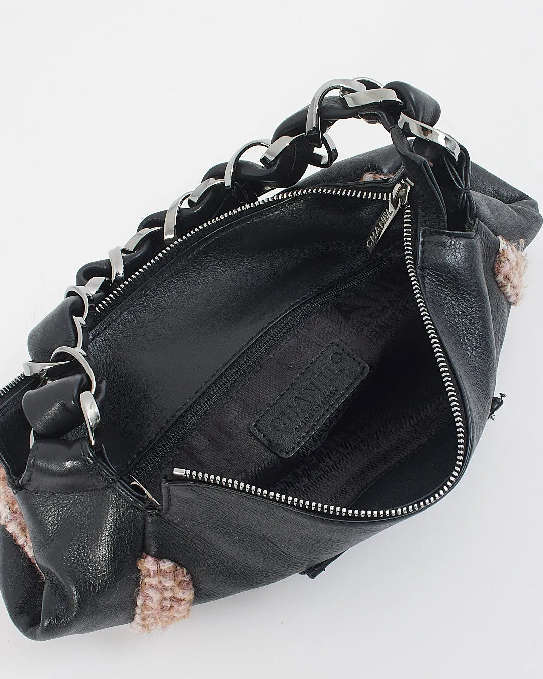 Chanel Black Leather Tweed Trim Wide Chain Shoulder Bag