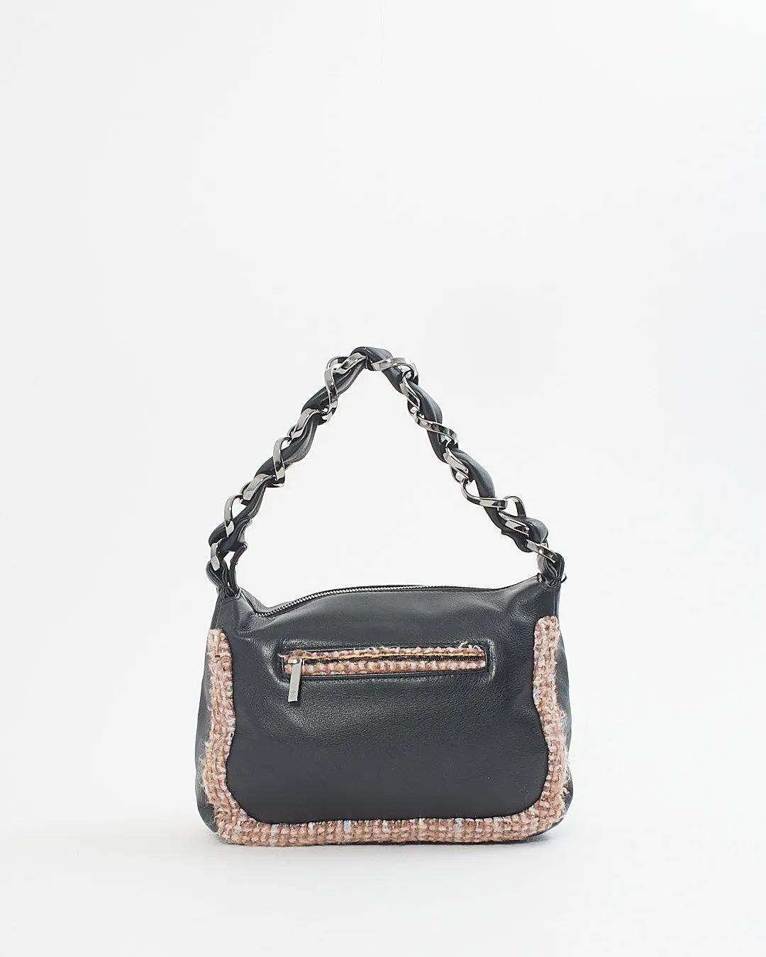 Chanel Black Leather Tweed Trim Wide Chain Shoulder Bag
