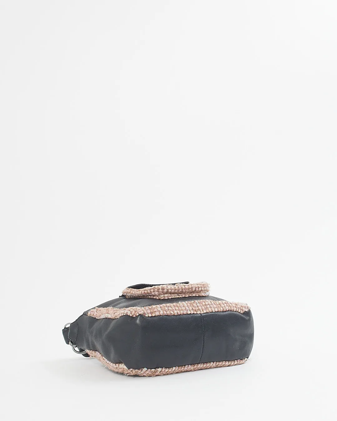 Chanel Black Leather Tweed Trim Wide Chain Shoulder Bag