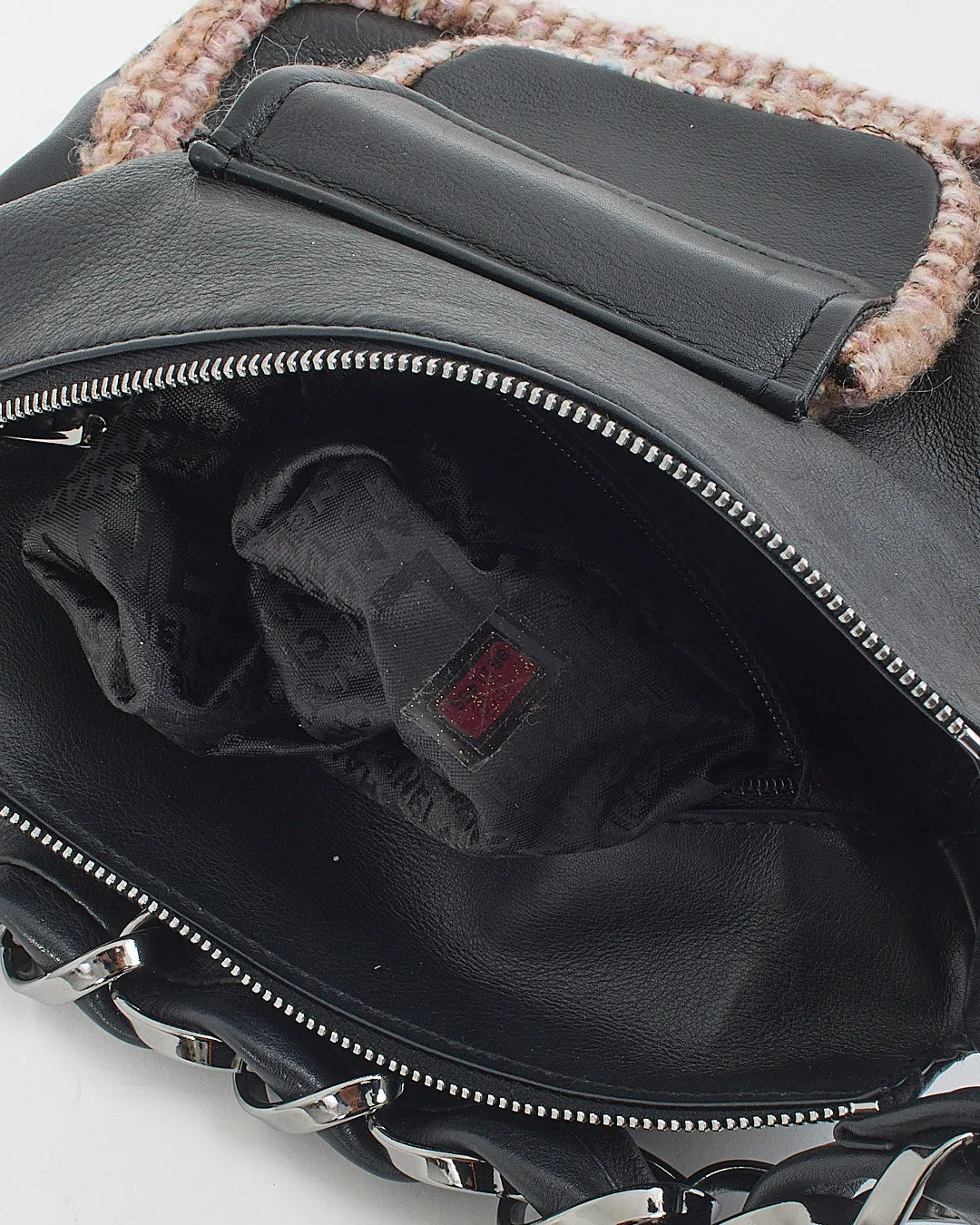 Chanel Black Leather Tweed Trim Wide Chain Shoulder Bag