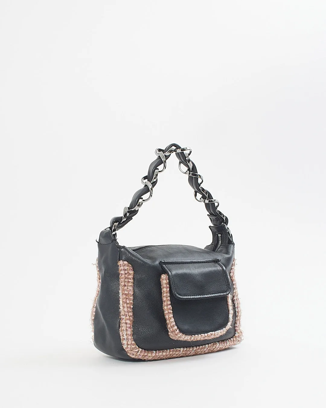 Chanel Black Leather Tweed Trim Wide Chain Shoulder Bag