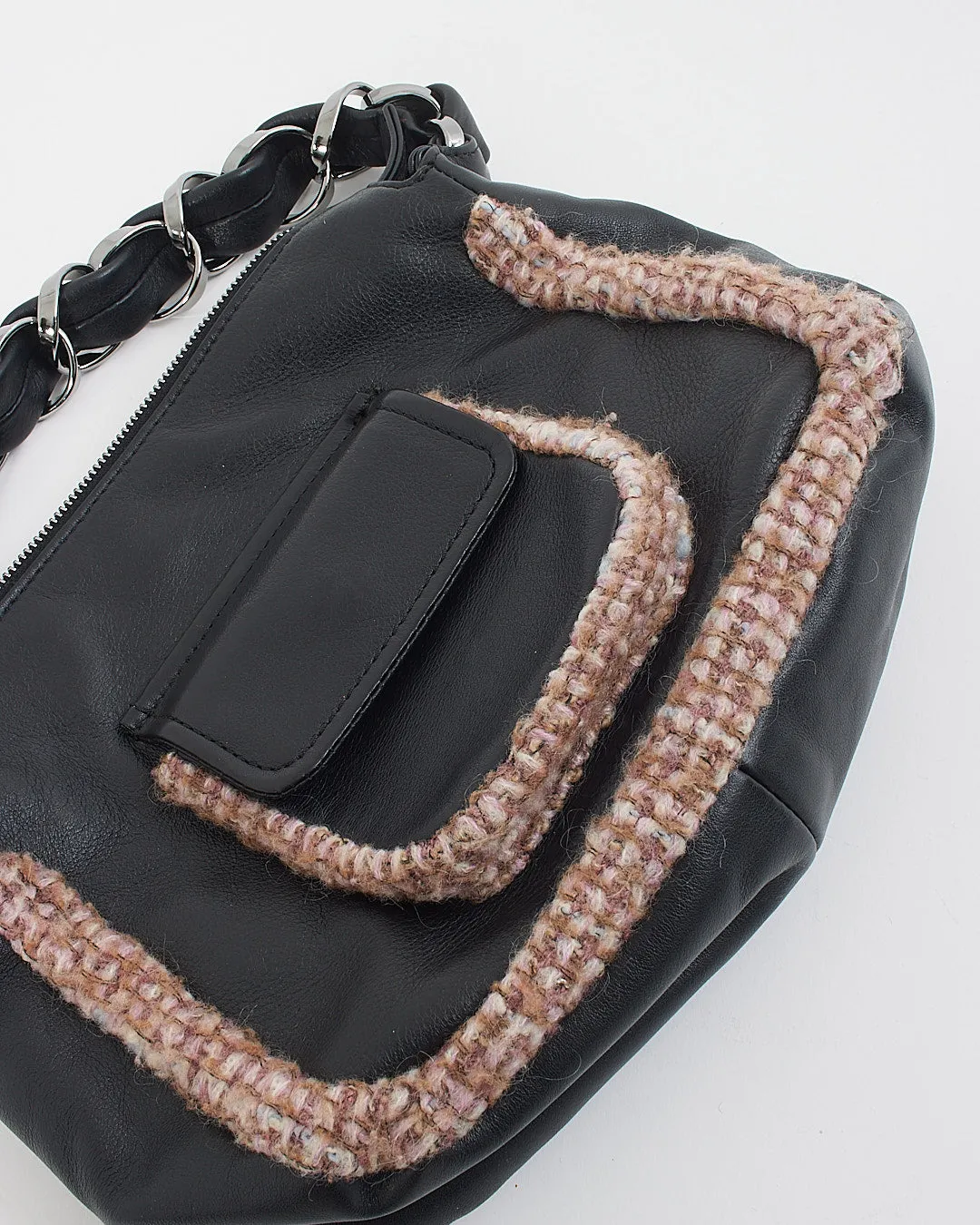 Chanel Black Leather Tweed Trim Wide Chain Shoulder Bag