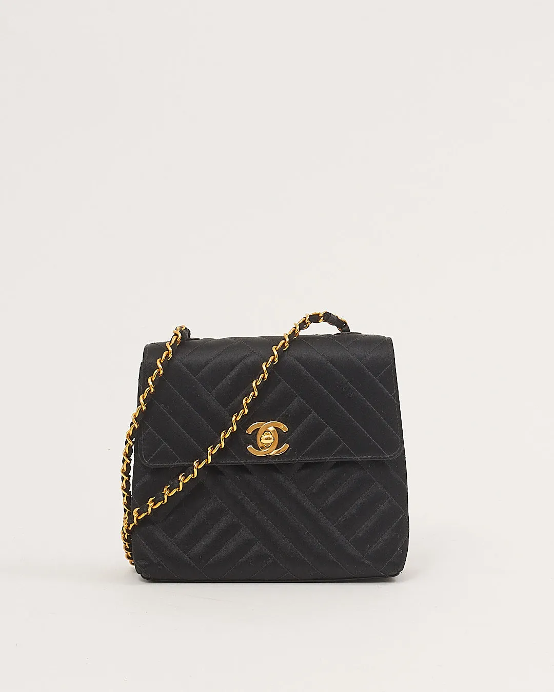 Chanel Black Satin 24K Gold Plated Vintage Square Flap Bag