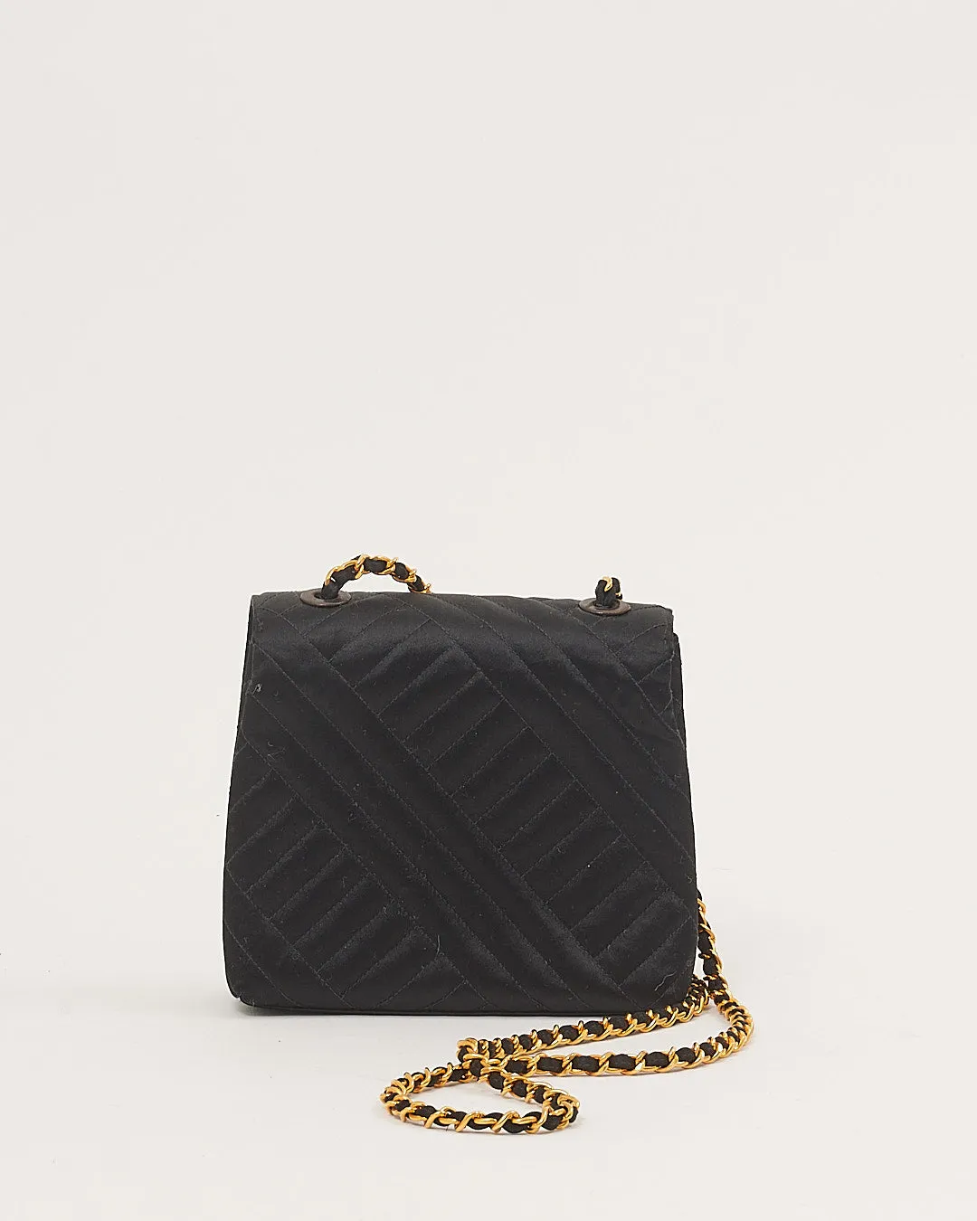 Chanel Black Satin 24K Gold Plated Vintage Square Flap Bag