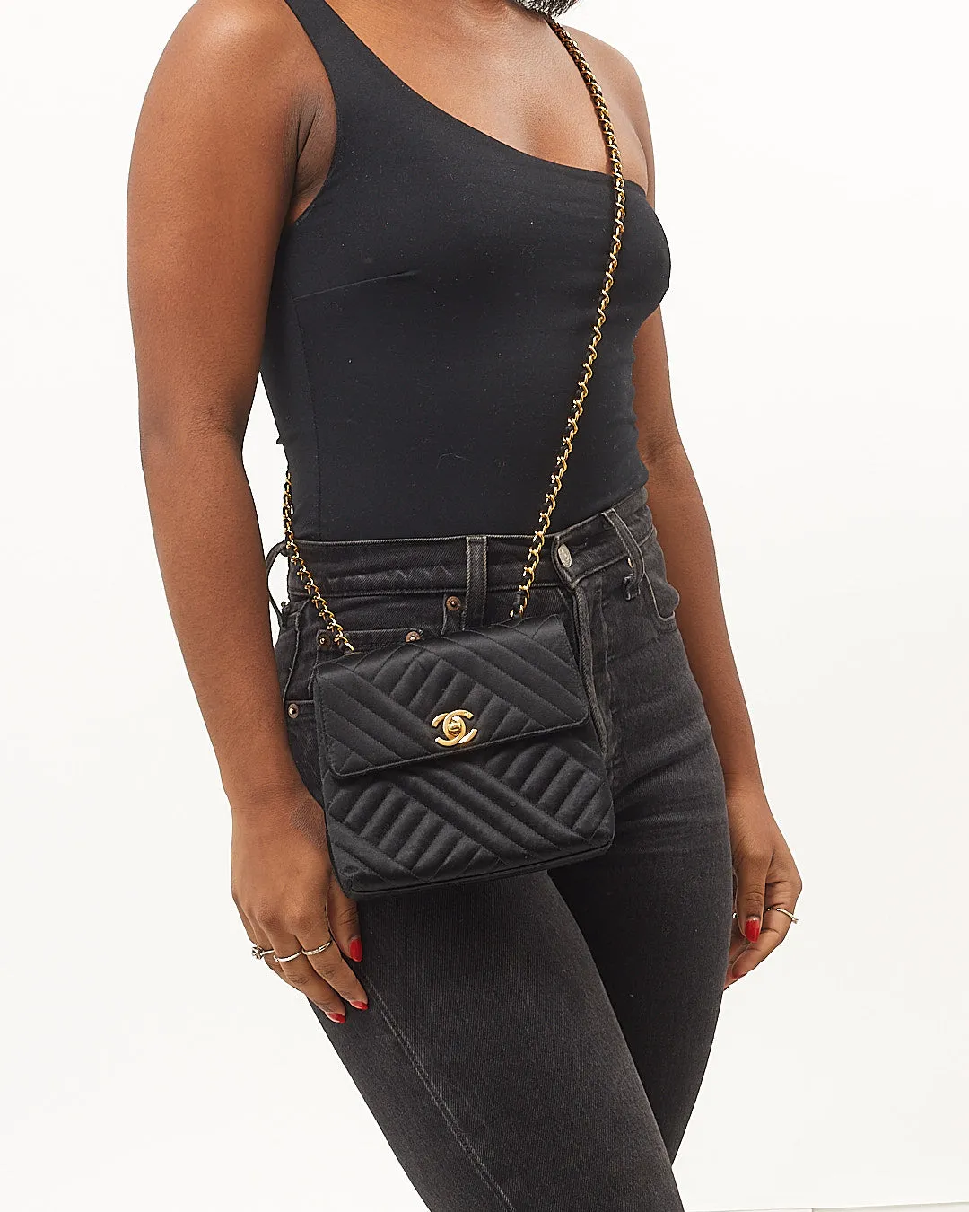 Chanel Black Satin 24K Gold Plated Vintage Square Flap Bag