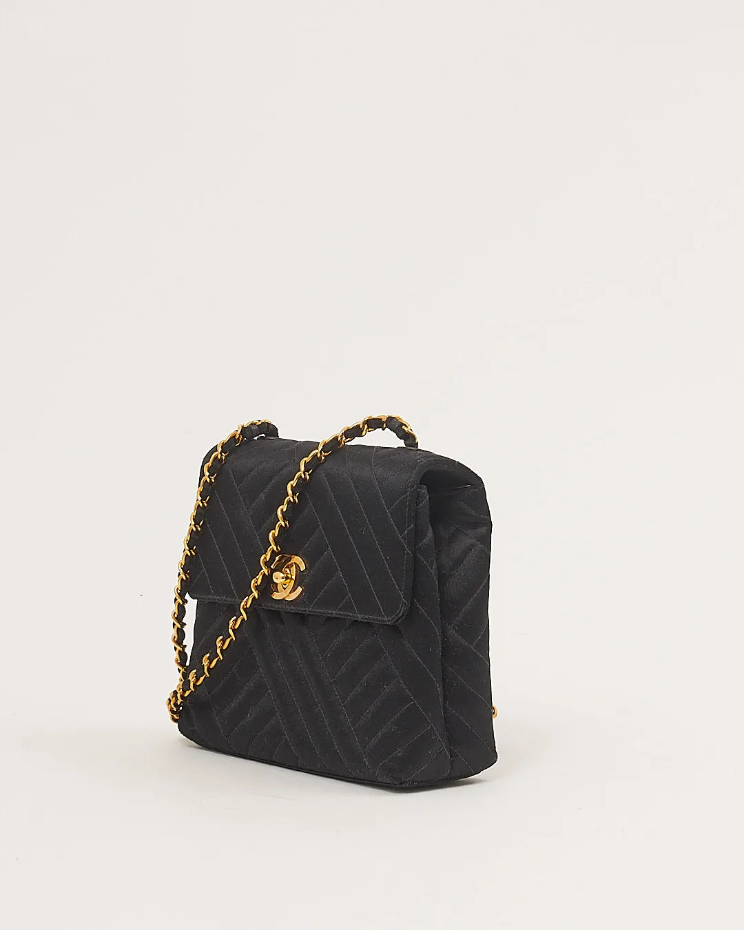 Chanel Black Satin 24K Gold Plated Vintage Square Flap Bag