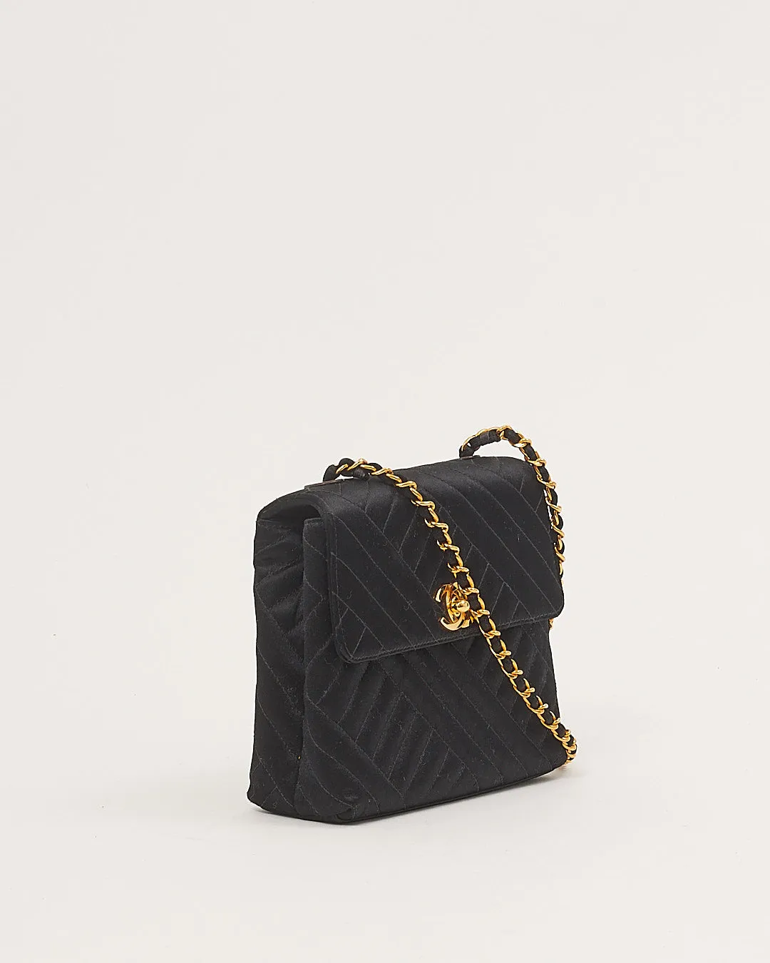 Chanel Black Satin 24K Gold Plated Vintage Square Flap Bag