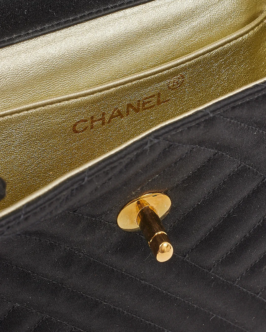 Chanel Black Satin 24K Gold Plated Vintage Square Flap Bag