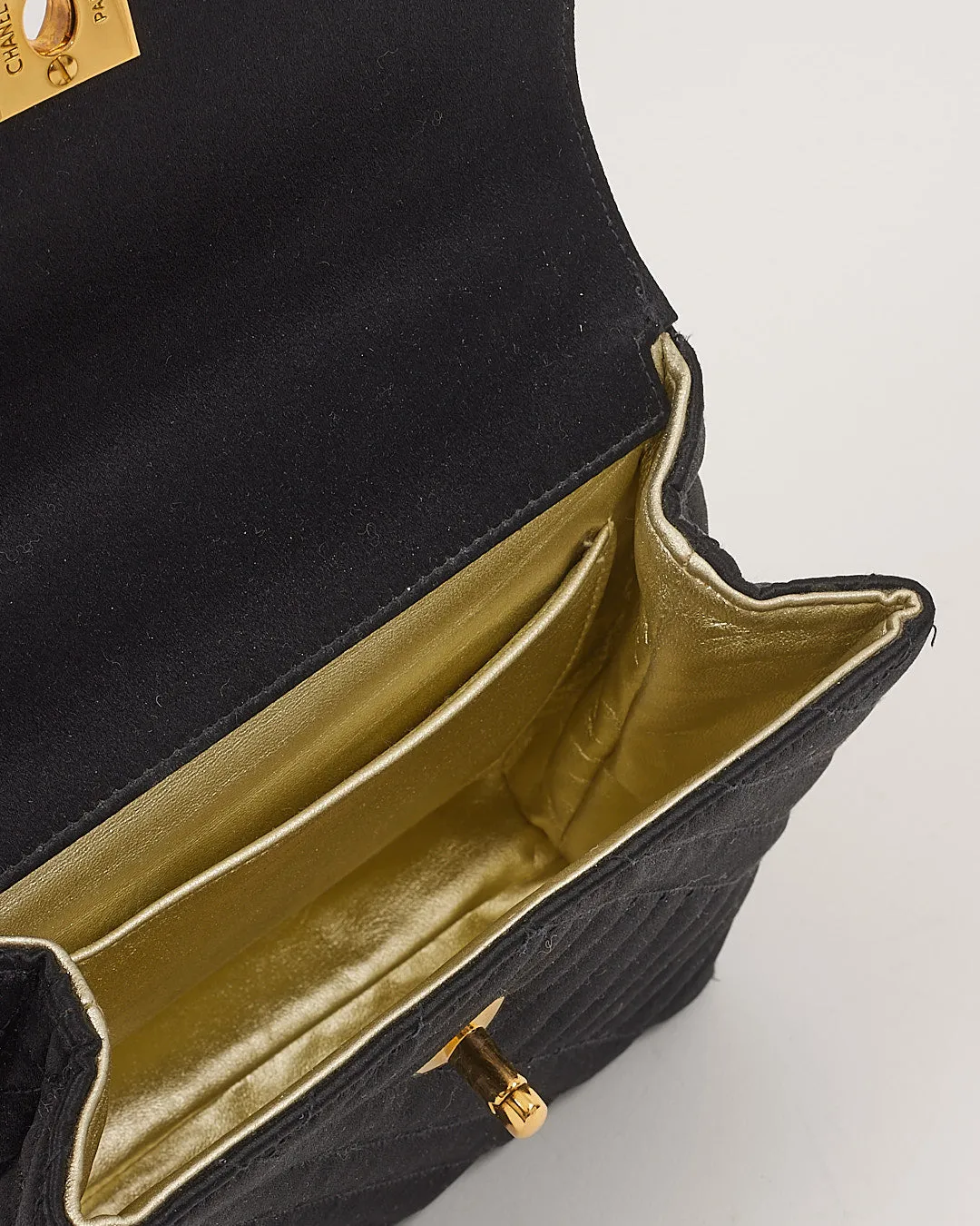 Chanel Black Satin 24K Gold Plated Vintage Square Flap Bag