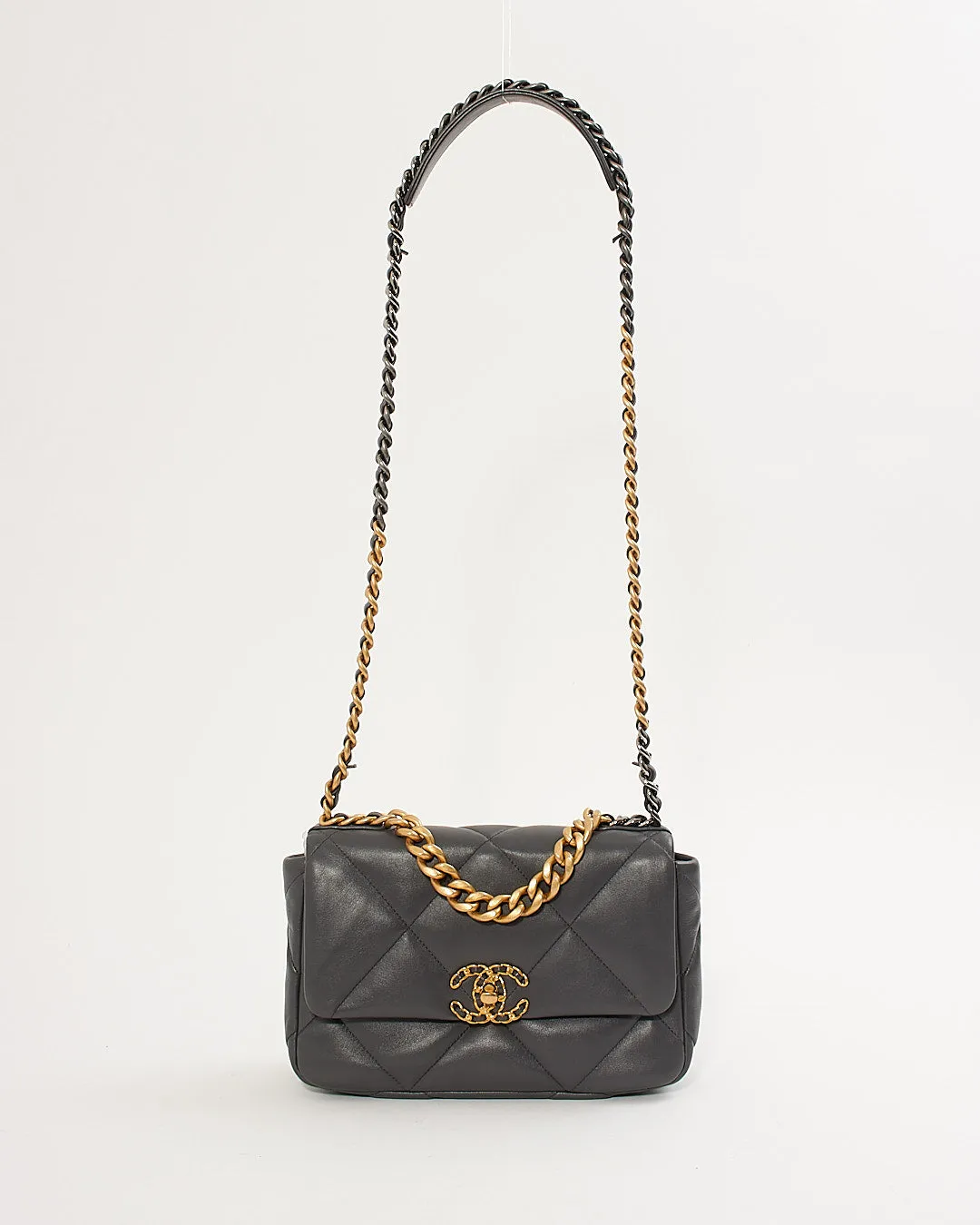 Chanel Grey Lambskin Leather Medium 19 Flap Chain Bag