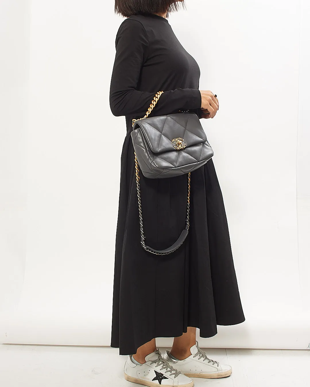 Chanel Grey Lambskin Leather Medium 19 Flap Chain Bag
