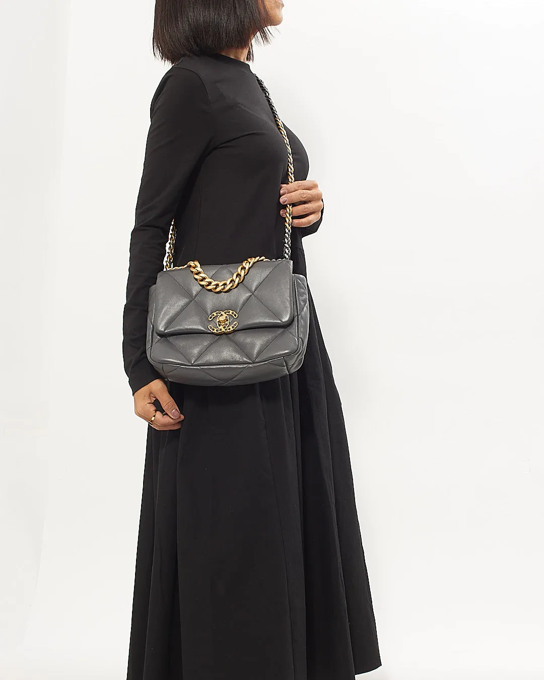 Chanel Grey Lambskin Leather Medium 19 Flap Chain Bag