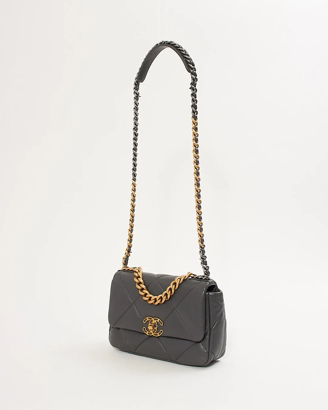 Chanel Grey Lambskin Leather Medium 19 Flap Chain Bag