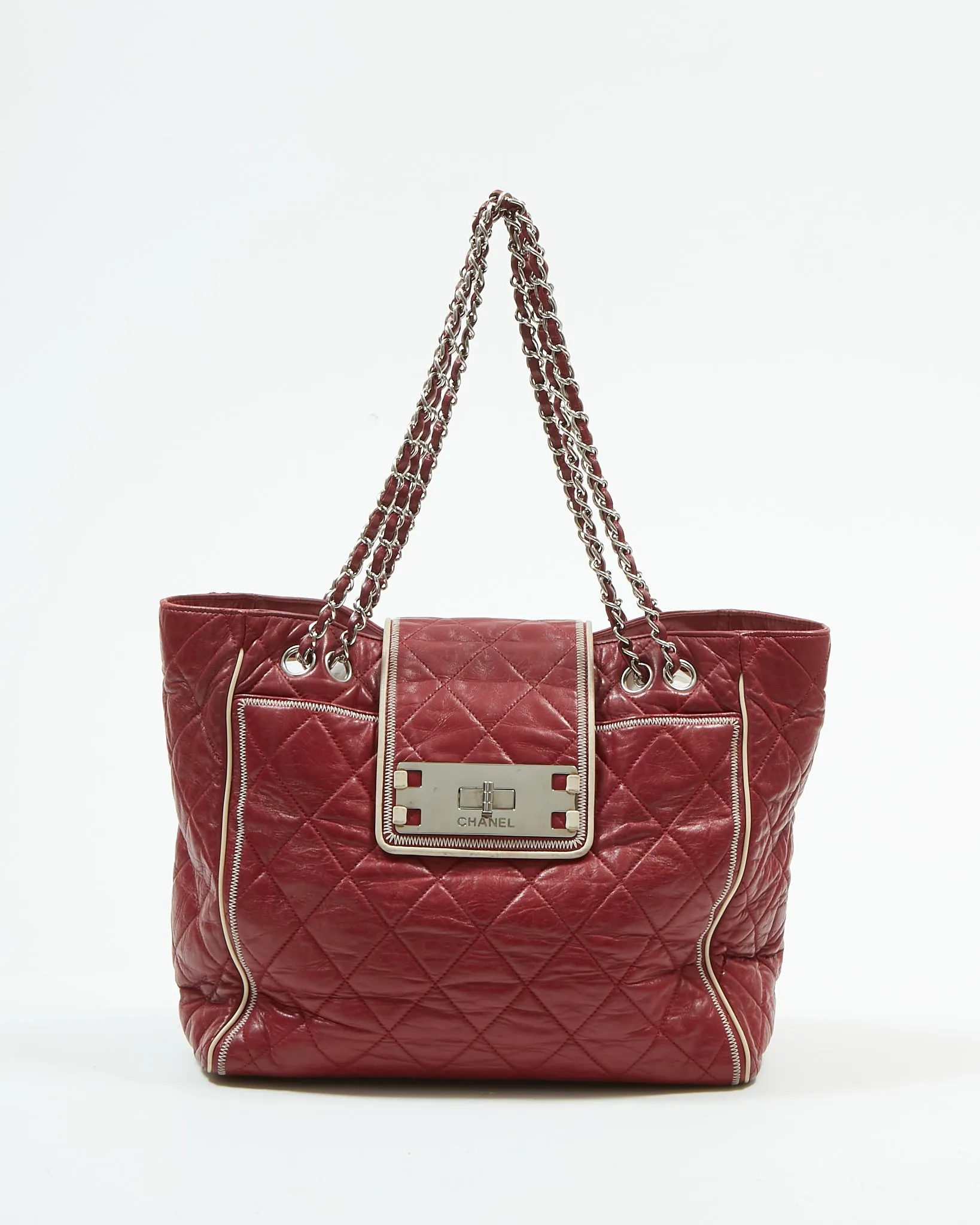 Chanel Red Burgundy Quilted Leather East West Reissue Tote