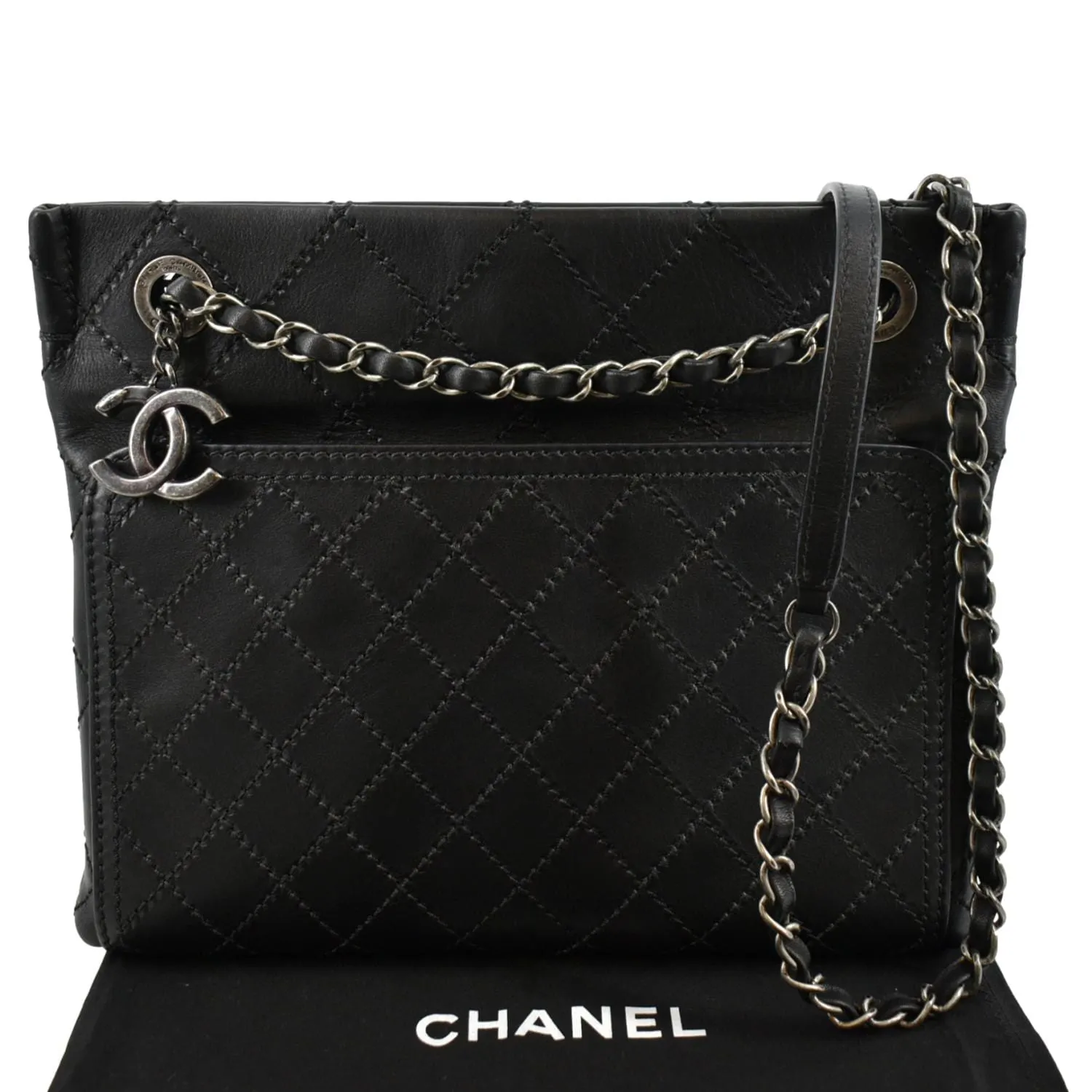 CHANEL Stitched CC Pocket Leather Shoulder Bag Black
