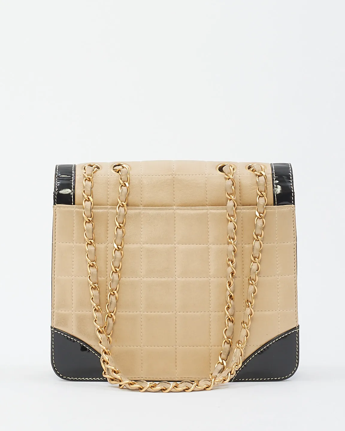 Chanel Vintage Beige & Black Leather Chocolate Bar Flap Shoulder Bag