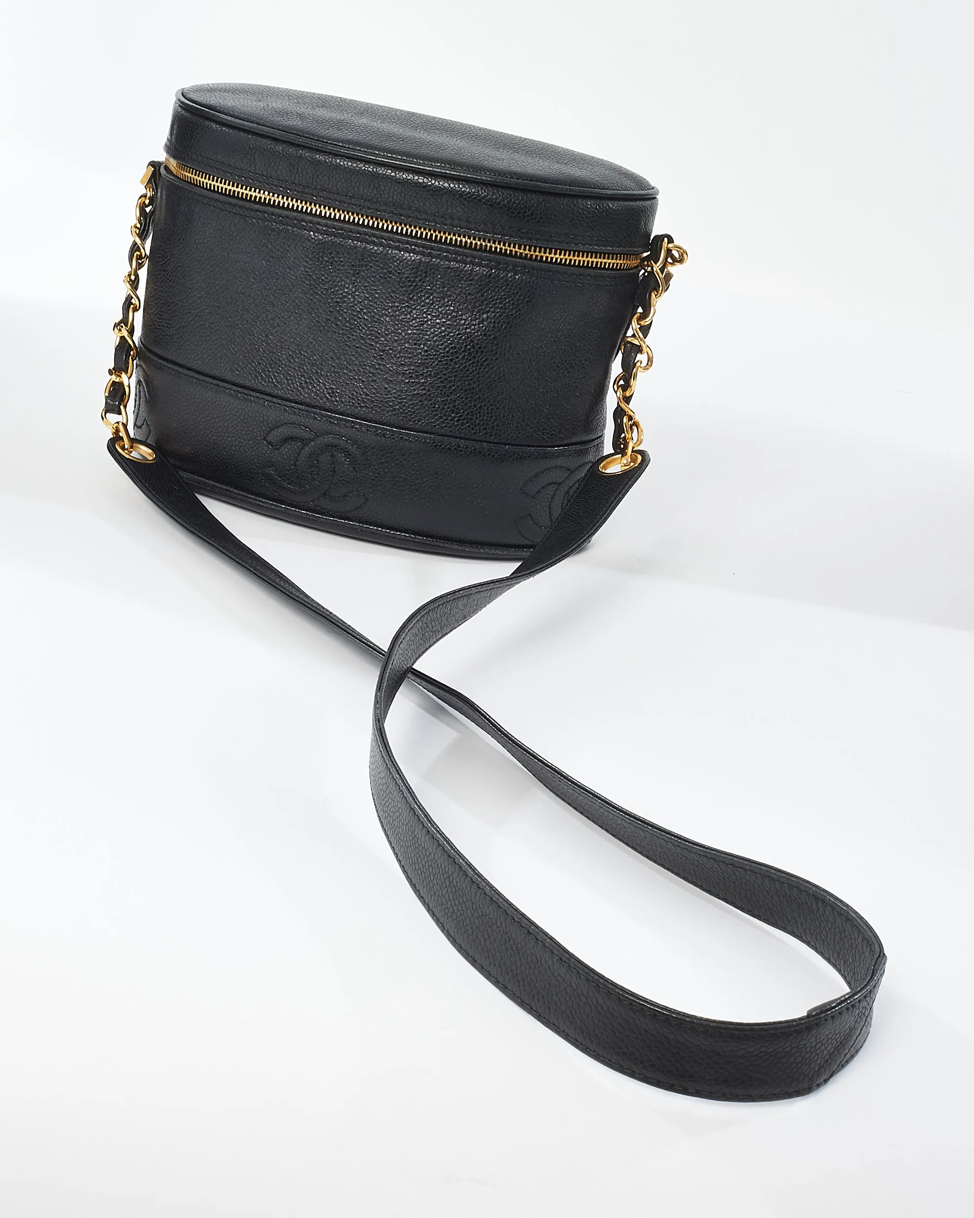 Chanel Vintage Black Leather Embossed Logo Crossbody Bag