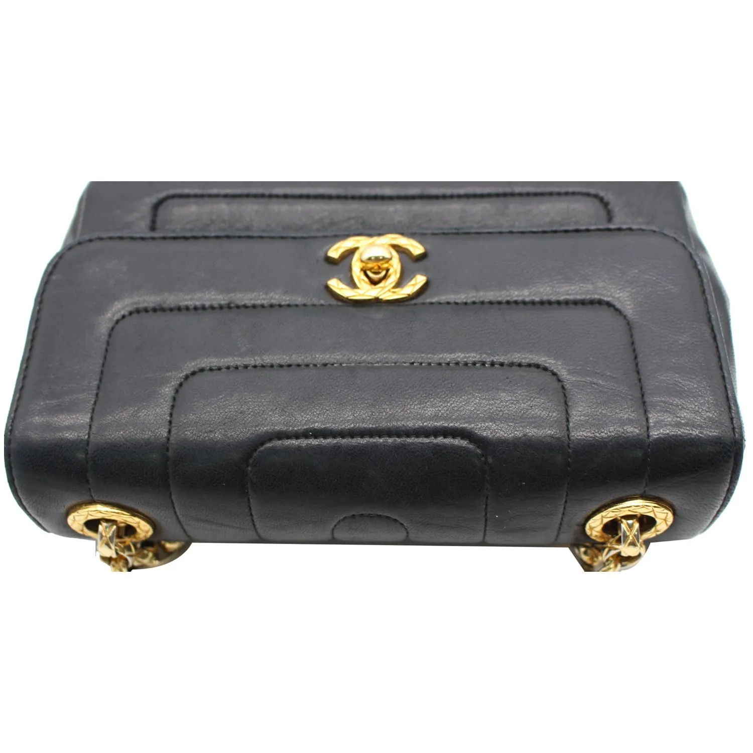 CHANEL Vintage Border Flap Lambskin Shoulder Bag Black