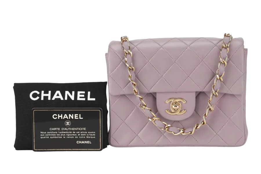 CHANEL VINTAGE CLASSIC FLAP MINI SQUARE (795xxxx) LILAC LAMBSKIN GOLD HARDWARE WITH CARD AND DUST COVER