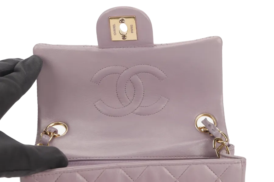 CHANEL VINTAGE CLASSIC FLAP MINI SQUARE (795xxxx) LILAC LAMBSKIN GOLD HARDWARE WITH CARD AND DUST COVER