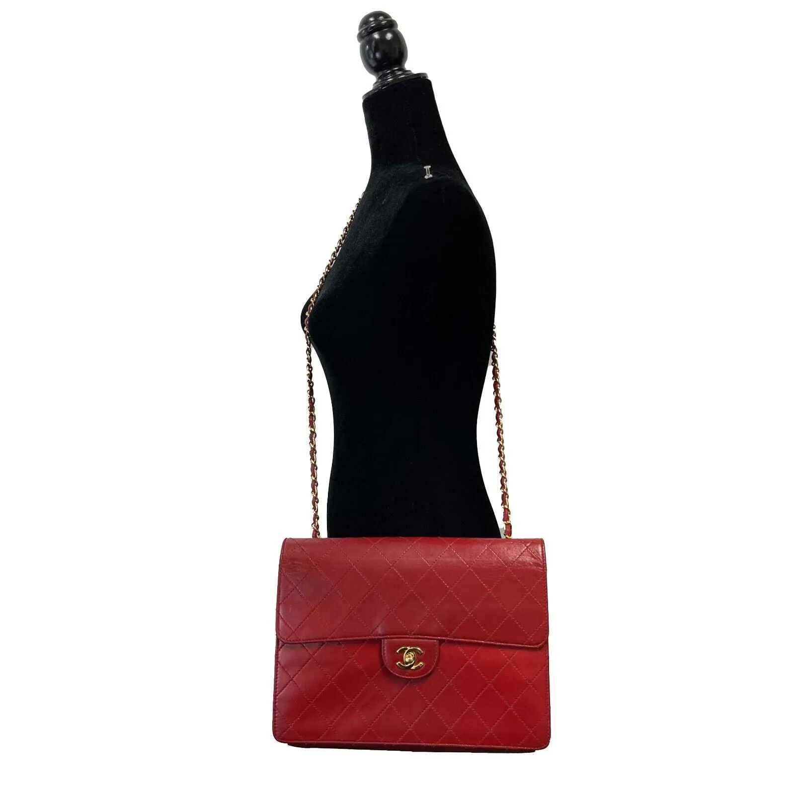 CHANEL - Vintage Jumbo CC Lambskin Single Flap Red Shoulder Bag