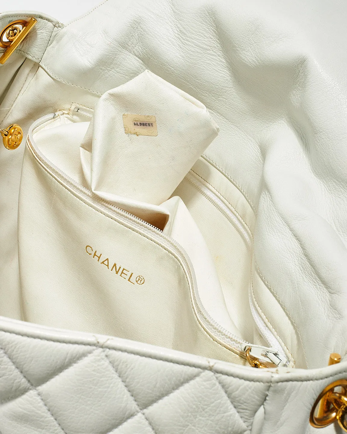 Chanel Vintage White Quilted Leather Large Flap Logo Messenger Bag
