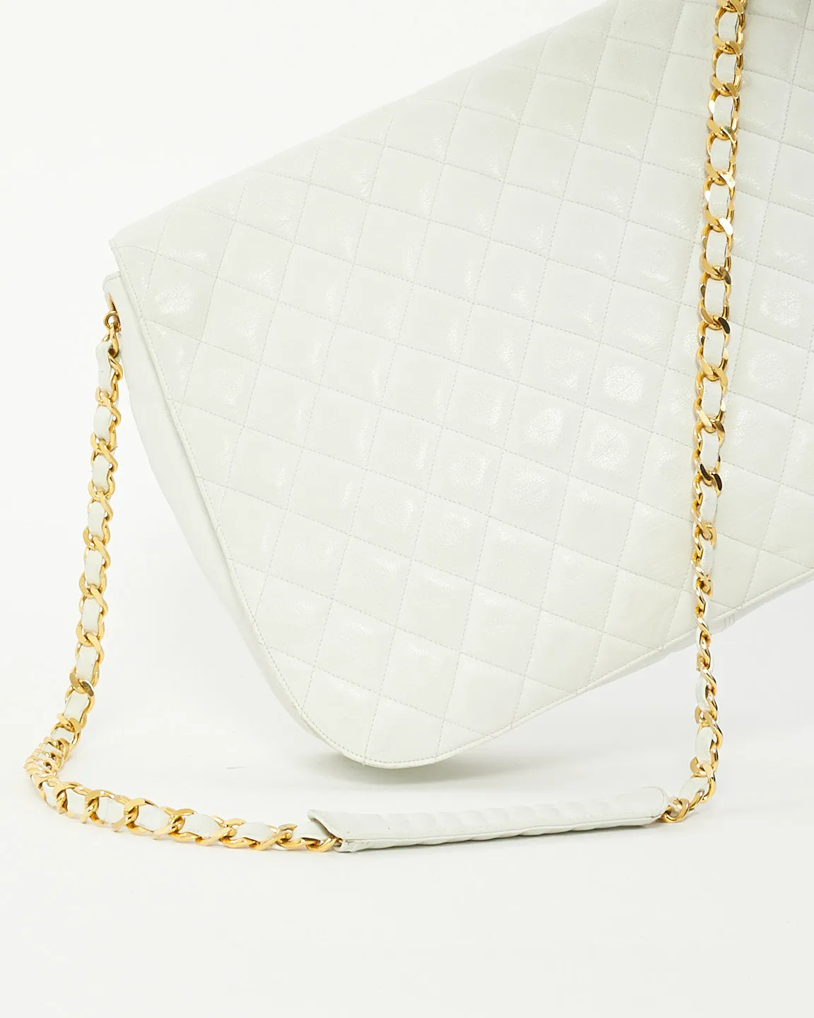 Chanel Vintage White Quilted Leather Large Flap Logo Messenger Bag