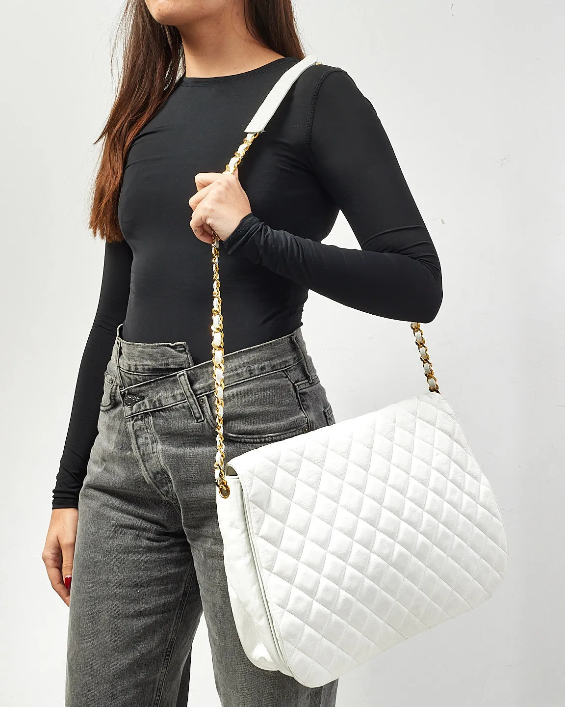 Chanel Vintage White Quilted Leather Large Flap Logo Messenger Bag