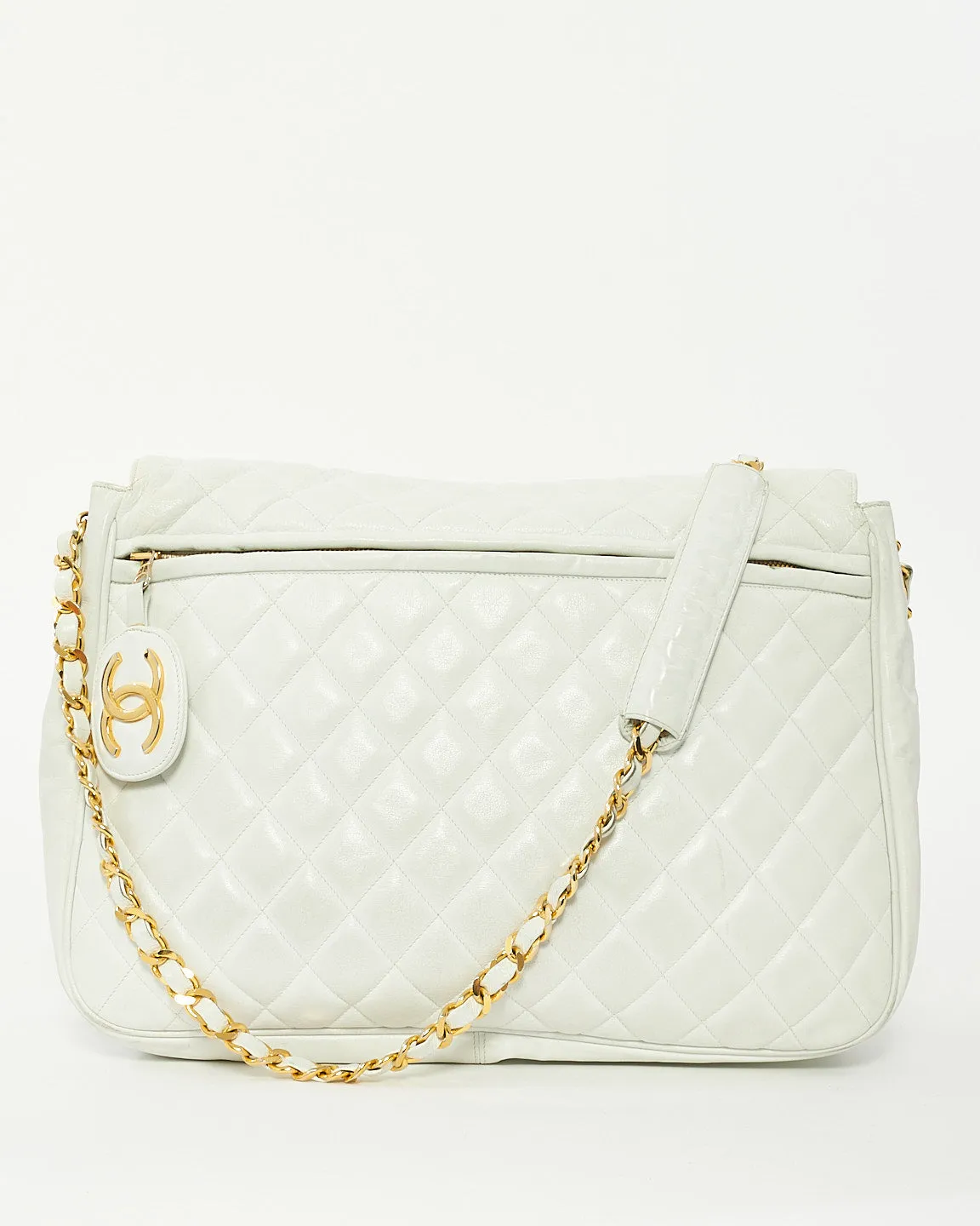 Chanel Vintage White Quilted Leather Large Flap Logo Messenger Bag