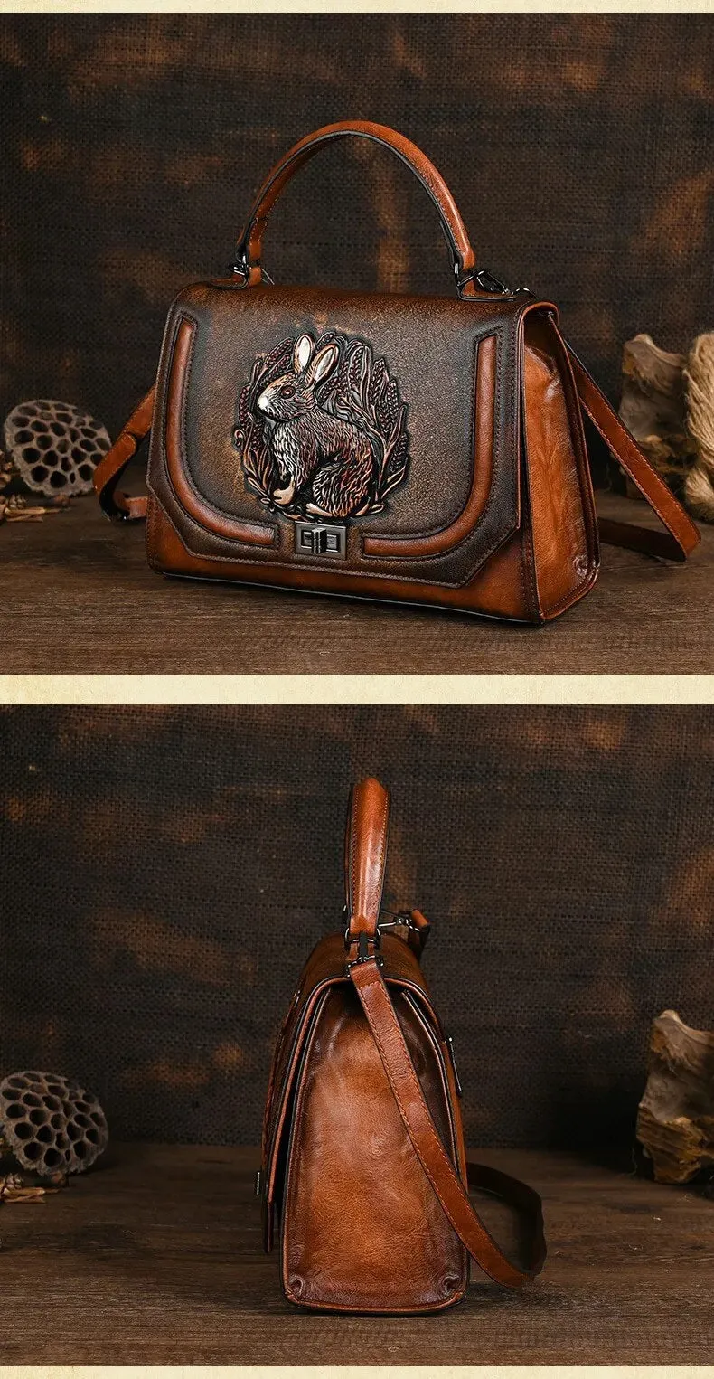 Christianartbag Handmade Leather Bag, Autumn Summer New Women's Bag Retro Ethnic Style Rabbit Embossed Red Female Crossbody Bags Handmade Women Leather Handbags, CABHMB14141023
