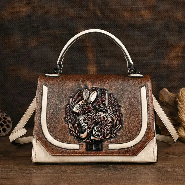 Christianartbag Handmade Leather Bag, Autumn Summer New Women's Bag Retro Ethnic Style Rabbit Embossed Red Female Crossbody Bags Handmade Women Leather Handbags, CABHMB14141023