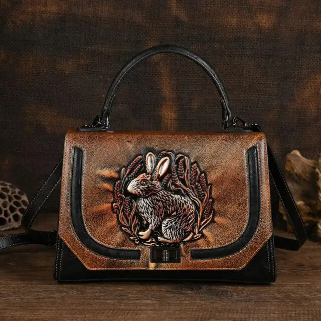 Christianartbag Handmade Leather Bag, Autumn Summer New Women's Bag Retro Ethnic Style Rabbit Embossed Red Female Crossbody Bags Handmade Women Leather Handbags, CABHMB14141023