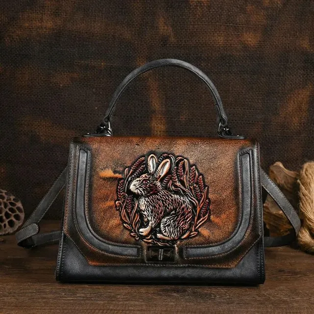 Christianartbag Handmade Leather Bag, Autumn Summer New Women's Bag Retro Ethnic Style Rabbit Embossed Red Female Crossbody Bags Handmade Women Leather Handbags, CABHMB14141023