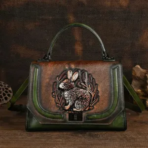 Christianartbag Handmade Leather Bag, Autumn Summer New Women's Bag Retro Ethnic Style Rabbit Embossed Red Female Crossbody Bags Handmade Women Leather Handbags, CABHMB14141023