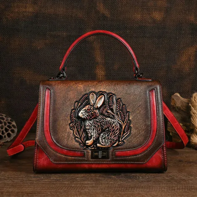 Christianartbag Handmade Leather Bag, Autumn Summer New Women's Bag Retro Ethnic Style Rabbit Embossed Red Female Crossbody Bags Handmade Women Leather Handbags, CABHMB14141023