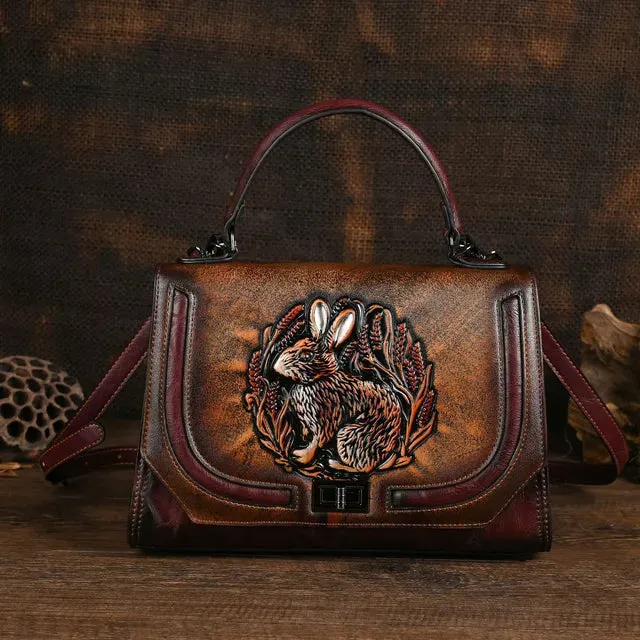 Christianartbag Handmade Leather Bag, Autumn Summer New Women's Bag Retro Ethnic Style Rabbit Embossed Red Female Crossbody Bags Handmade Women Leather Handbags, CABHMB14141023