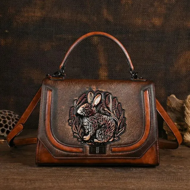 Christianartbag Handmade Leather Bag, Autumn Summer New Women's Bag Retro Ethnic Style Rabbit Embossed Red Female Crossbody Bags Handmade Women Leather Handbags, CABHMB14141023