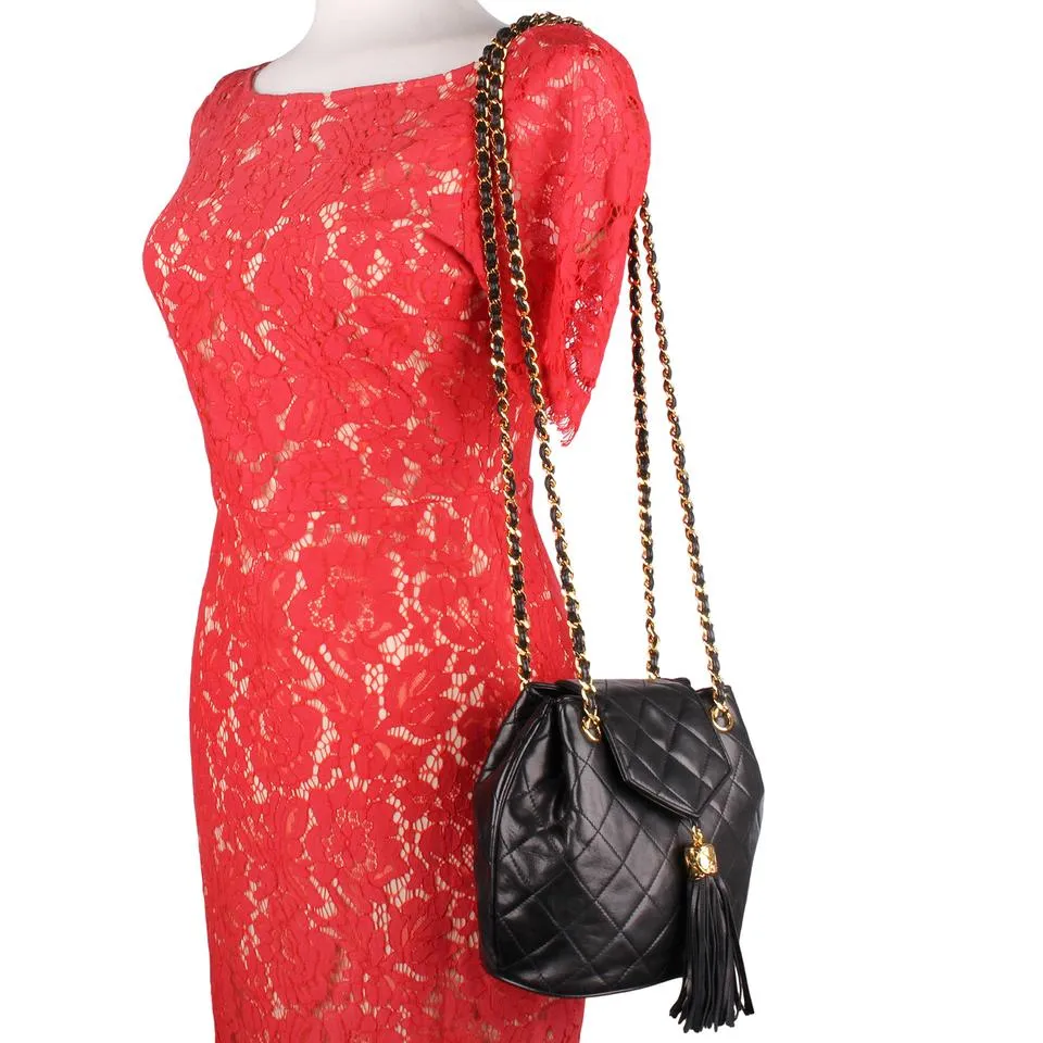 Classic Front Flap Tassel Lambskin Leather Cross Body Bag Black