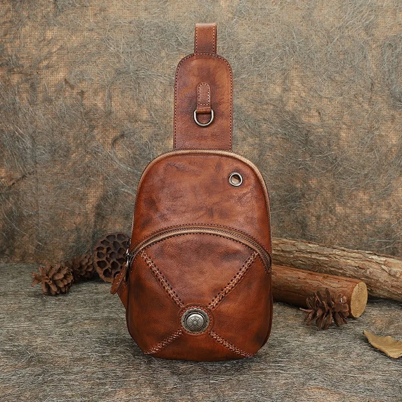 Cool Mens Womens Cap Black Sling Bag Vintage Leather Chest Bag Crossbody Pack for Men