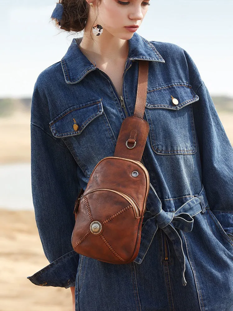 Cool Mens Womens Cap Black Sling Bag Vintage Leather Chest Bag Crossbody Pack for Men