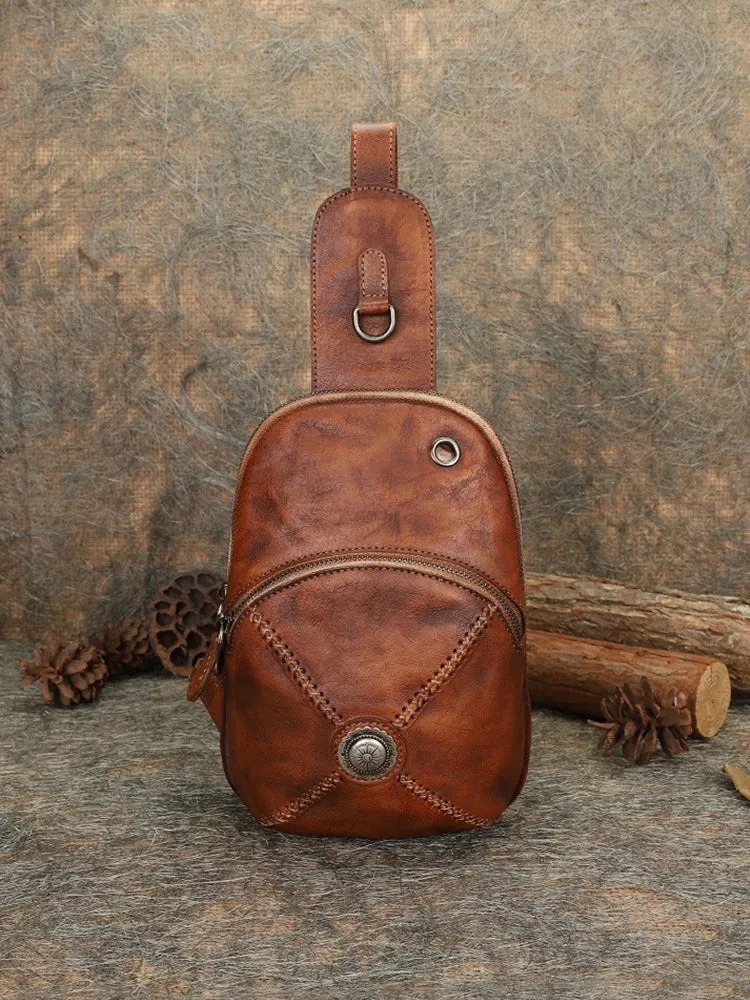 Cool Mens Womens Cap Black Sling Bag Vintage Leather Chest Bag Crossbody Pack for Men