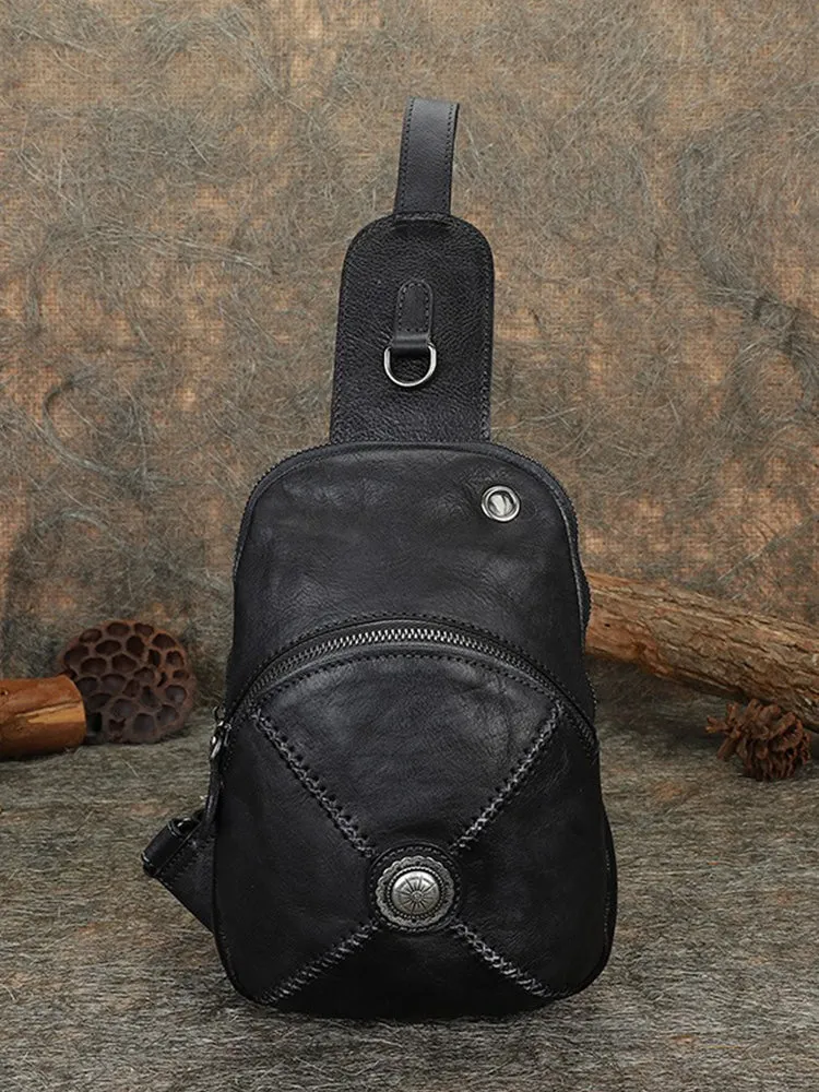 Cool Mens Womens Cap Black Sling Bag Vintage Leather Chest Bag Crossbody Pack for Men