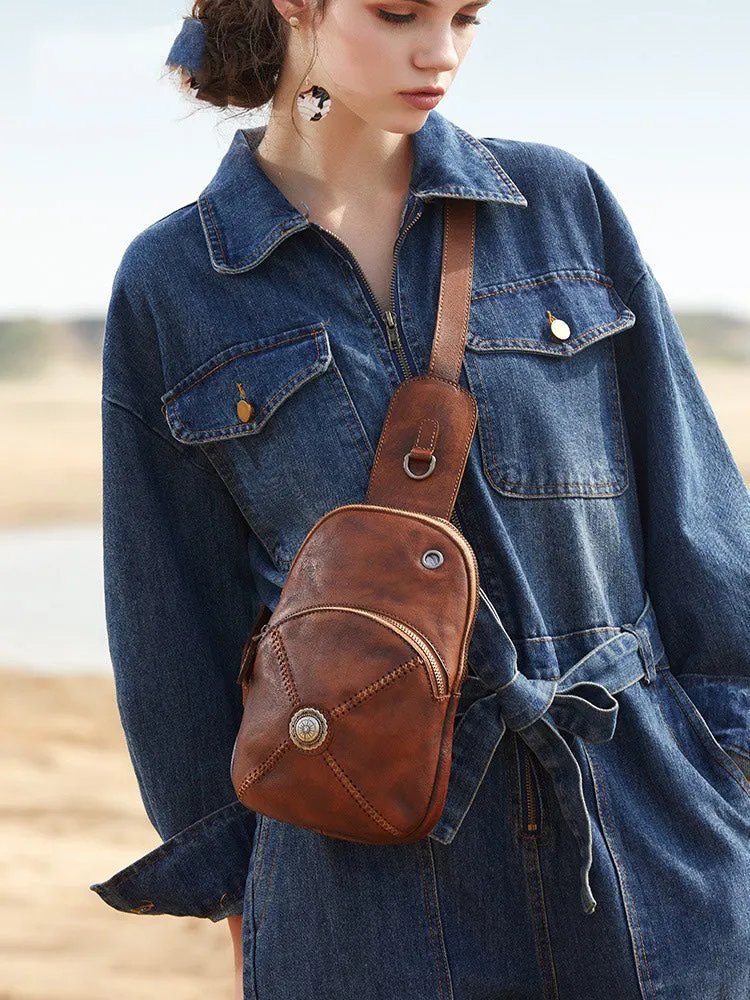 Cool Mens Womens Cap Black Sling Bag Vintage Leather Chest Bag Crossbody Pack for Men