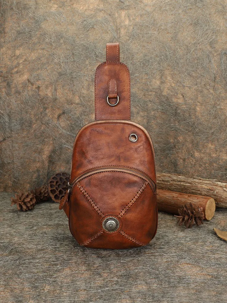Cool Mens Womens Cap Black Sling Bag Vintage Leather Chest Bag Crossbody Pack for Men