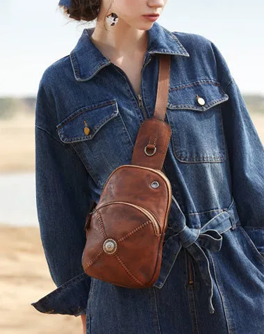 Cool Mens Womens Cap Black Sling Bag Vintage Leather Chest Bag Crossbody Pack for Men