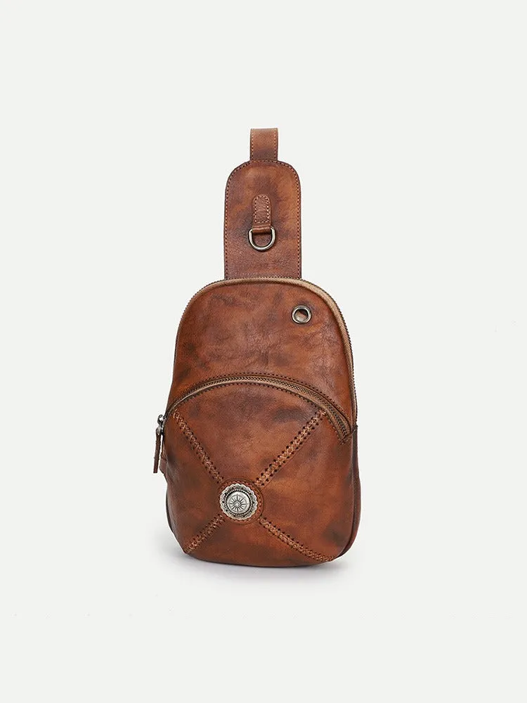 Cool Mens Womens Cap Black Sling Bag Vintage Leather Chest Bag Crossbody Pack for Men