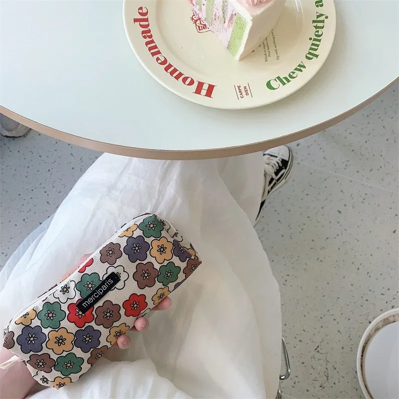 Corduroy Floral Travel Cosmetic Lipstick Purse Storage Bag Kawaii Pencil Case Bags